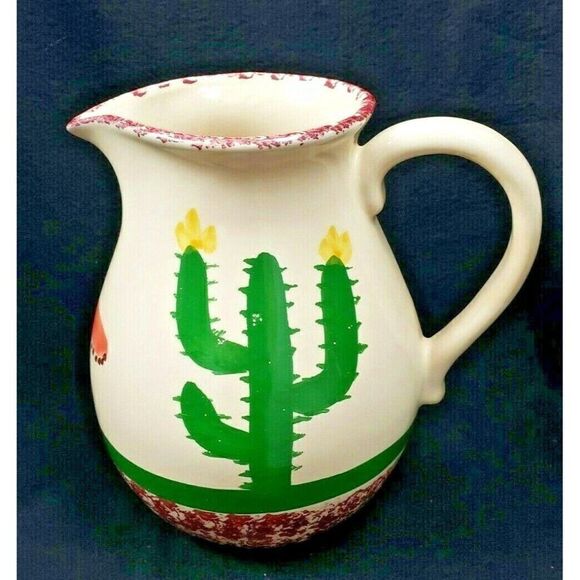 Vintage Portugal Pottery Hand Painted 8" Pitcher Cactus Sombrero Folk Art Rustic - Picture 1 of 6